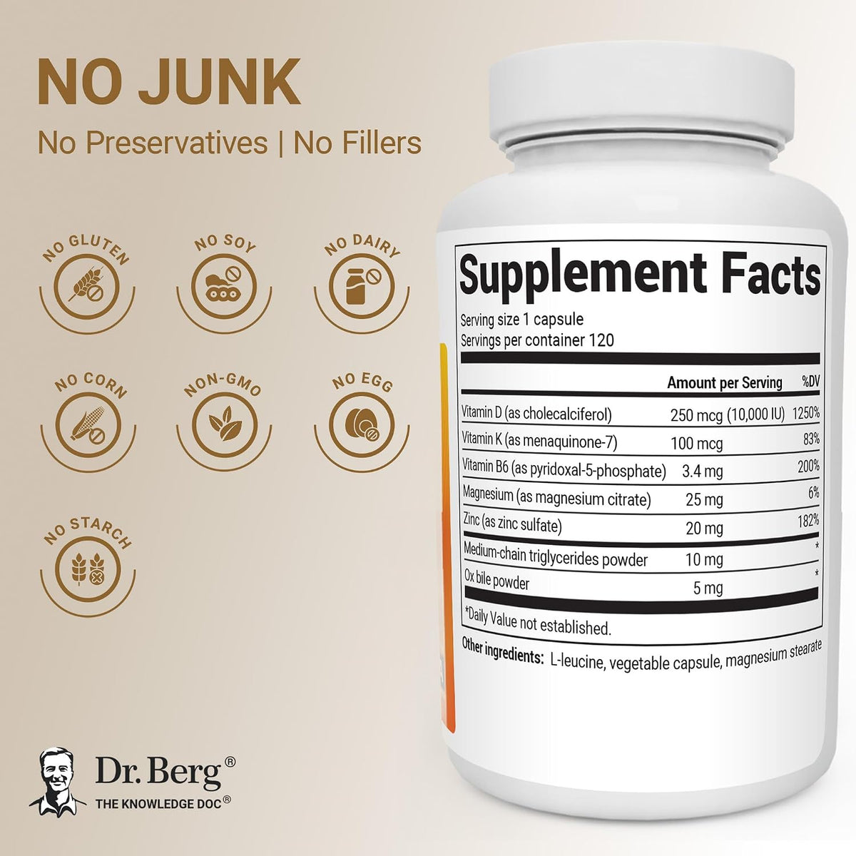 Dr. Berg Maximum Strength 7-in-1 Vitamin D3 K2 10,000 IU – 120 Capsules