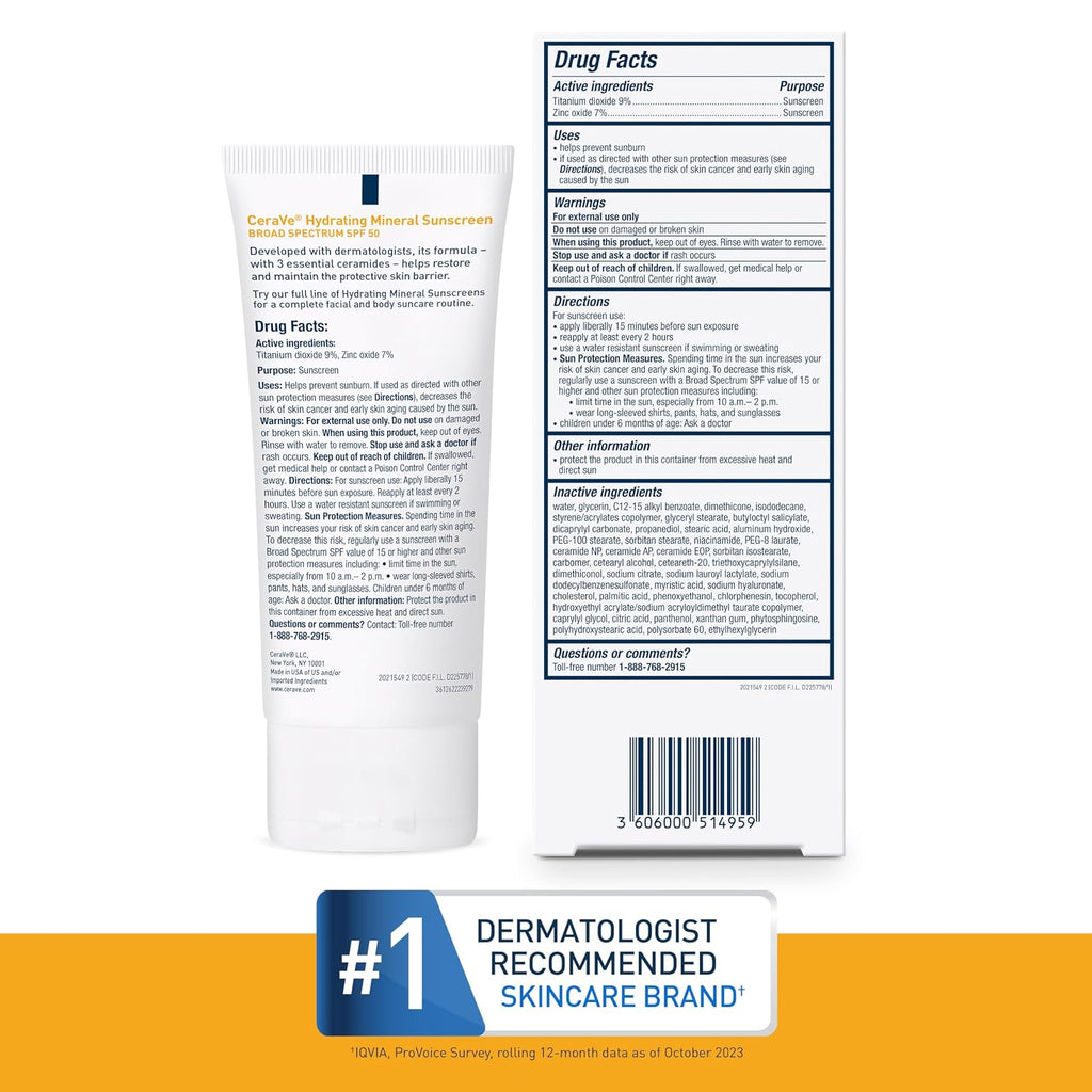 CeraVe Hydrating Mineral Sunscreen SPF 30, Face, Untinted